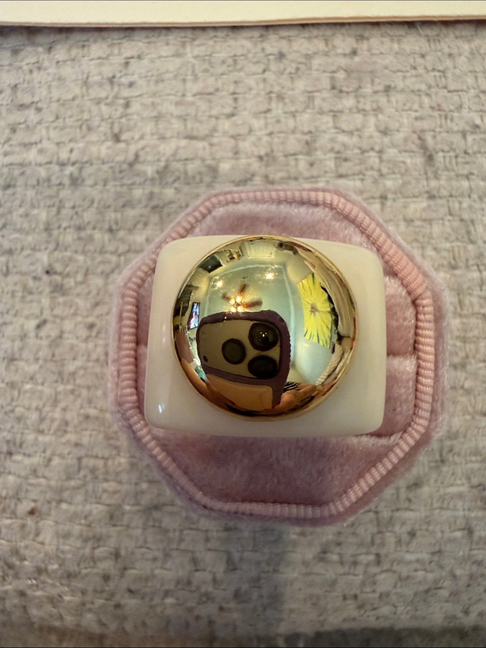 Gold Dome Accent Ring Display on White Stand - Pink Velvet Base